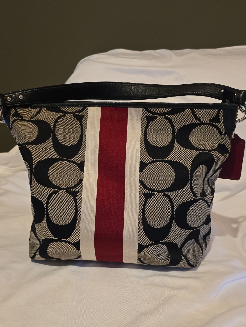 Coach Canvas Shoulder Bag in Red, Tan, Cream & Black. 14'W × 11' Tall. - Picture 6 of 16